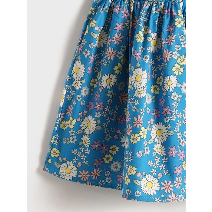 LCW Kids Mavi Bisiklet Yaka Çiçekli Poplin Kız Bebek Elbise