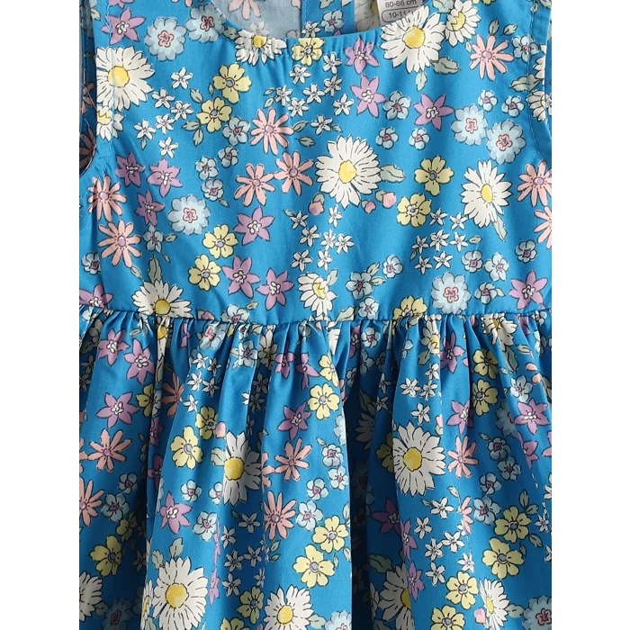 LCW Kids Mavi Bisiklet Yaka Çiçekli Poplin Kız Bebek Elbise