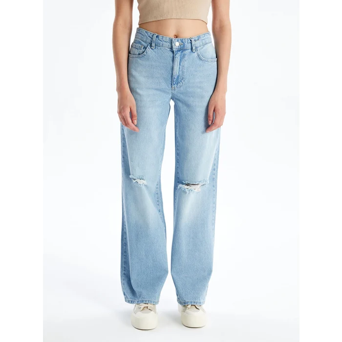 LCW Jeans Indigo Wideleg Yırtık Detaylı Kadın Jean Pantolon