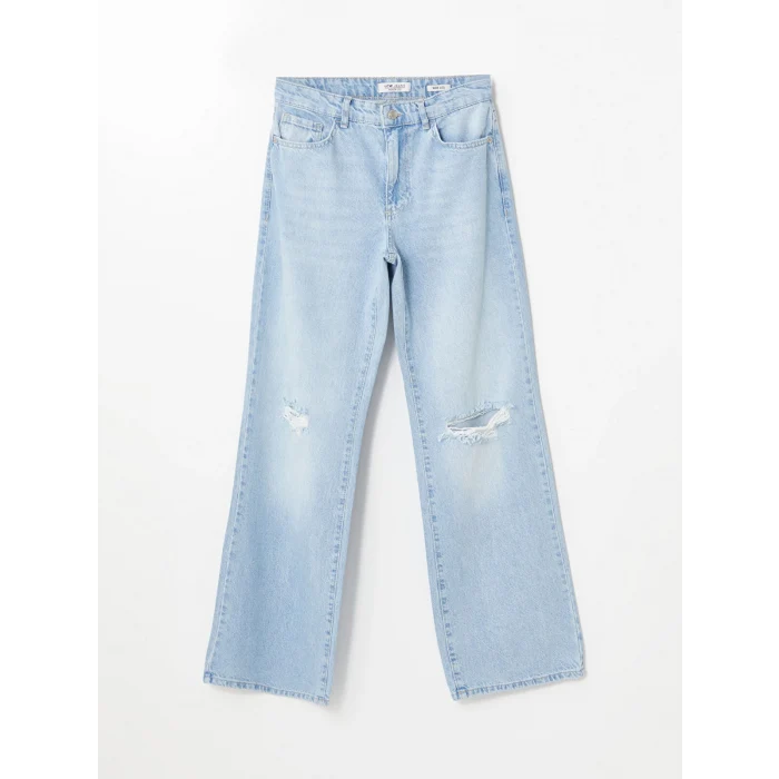 LCW Jeans Indigo Wideleg Yırtık Detaylı Kadın Jean Pantolon