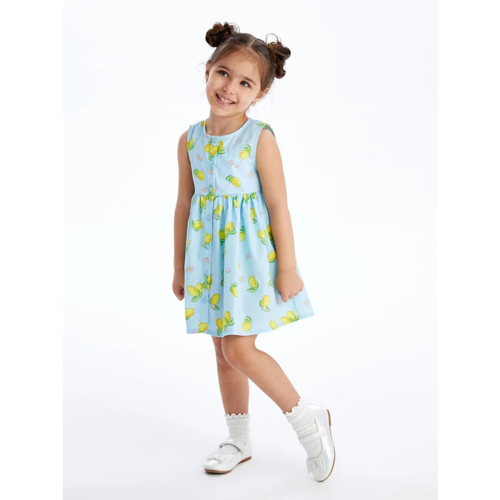 LCW Kids Mavi Bisiklet Yaka Çiçekli Poplin Kız Bebek Elbise