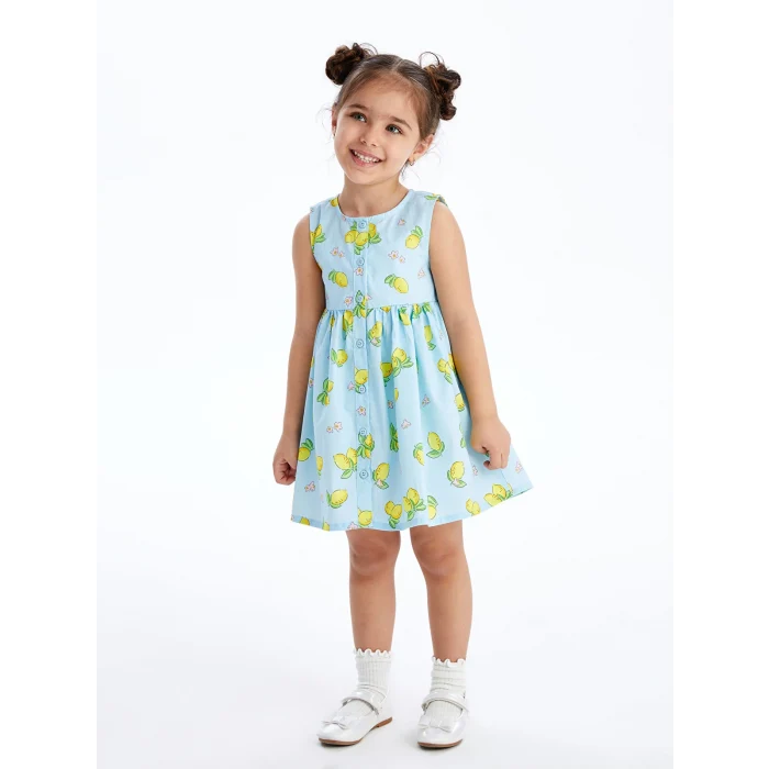 LCW Kids Mavi Bisiklet Yaka Çiçekli Poplin Kız Bebek Elbise