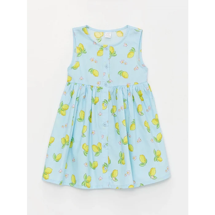 LCW Kids Mavi Bisiklet Yaka Çiçekli Poplin Kız Bebek Elbise