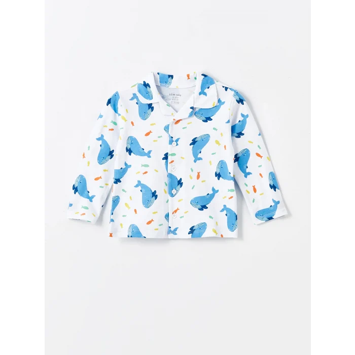 LCW baby Ekru Polo Yaka Uzun Kollu Baskılı Erkek Bebek Pijama Takım