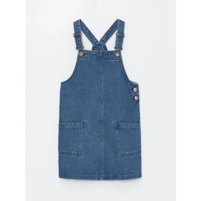 LCW Kids Indigo Kare Yaka Kız Çocuk Jean Salopet Elbise