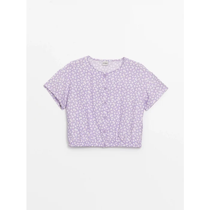 LCW Kids Lila Bisiklet Yaka Çiçekli Kız Çocuk Crop Bluz