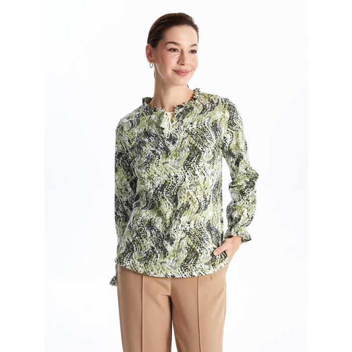 LCW Grace Yeşil Bağlamalı Yaka Desenli Uzun Kollu Kadın Bluz