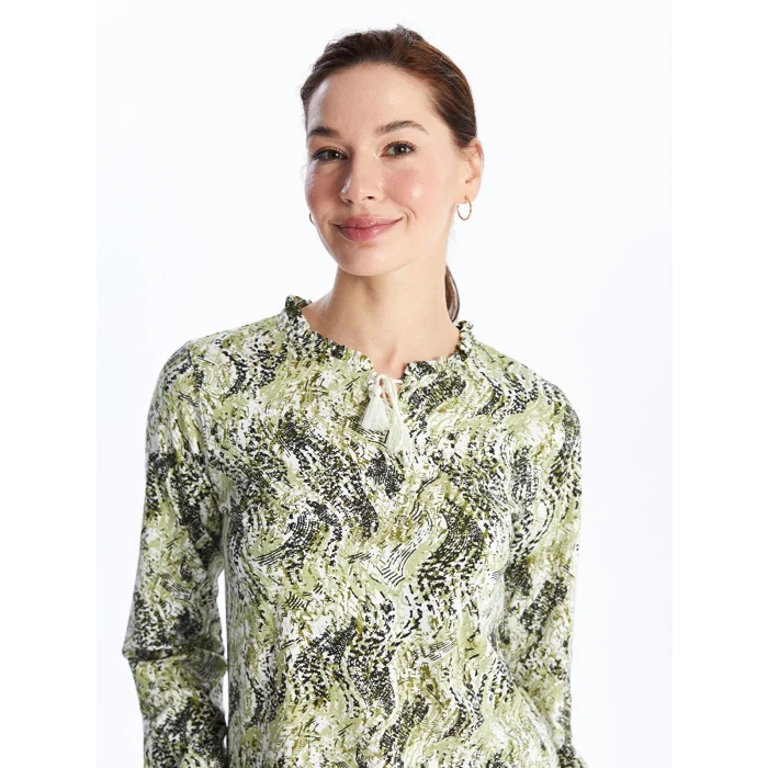 LCW Grace Yeşil Bağlamalı Yaka Desenli Uzun Kollu Kadın Bluz