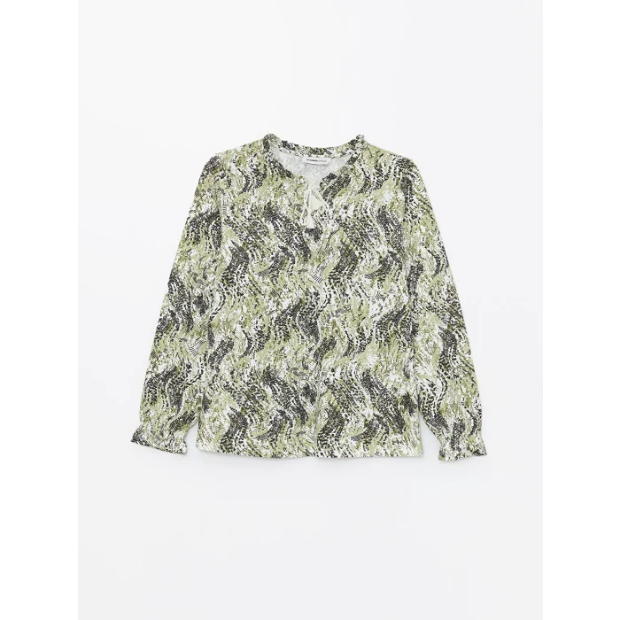 LCW Grace Yeşil Bağlamalı Yaka Desenli Uzun Kollu Kadın Bluz