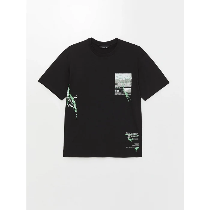 XSIDE Siyah Bisiklet Yaka Kısa Kollu Baskılı Penye Erkek Tişört