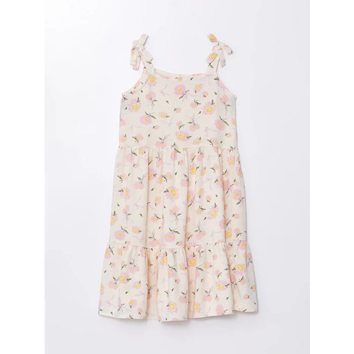 LCW Kids Ekru Kare Yaka Desenli Kız Çocuk Elbise