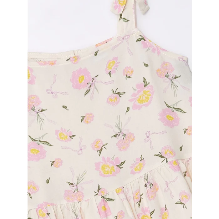 LCW Kids Ekru Kare Yaka Desenli Kız Çocuk Elbise