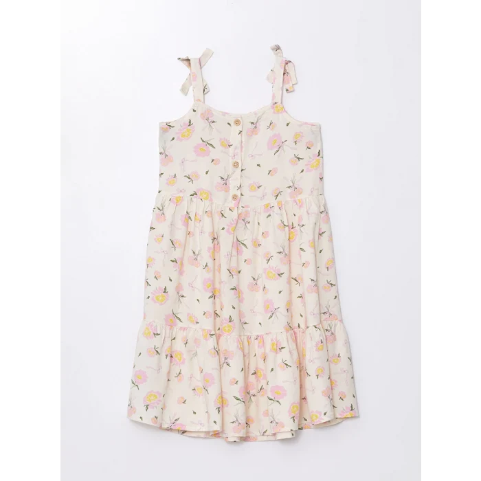 LCW Kids Ekru Kare Yaka Desenli Kız Çocuk Elbise