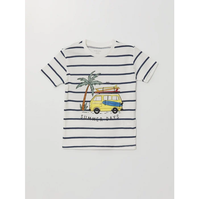 LCW Kids Ekru Bisiklet Yaka Çizgili Erkek Bebek Tişört ve Şort 2li Takım