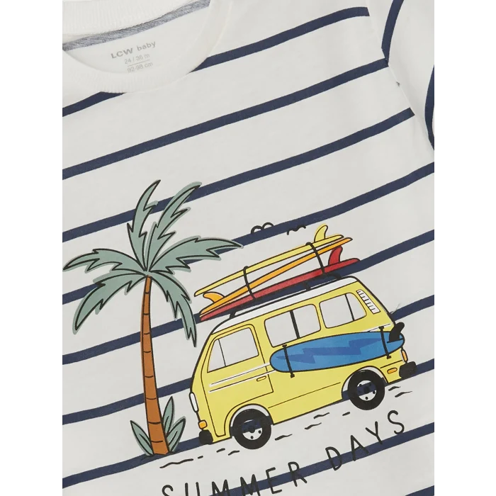 LCW Kids Ekru Bisiklet Yaka Çizgili Erkek Bebek Tişört ve Şort 2li Takım