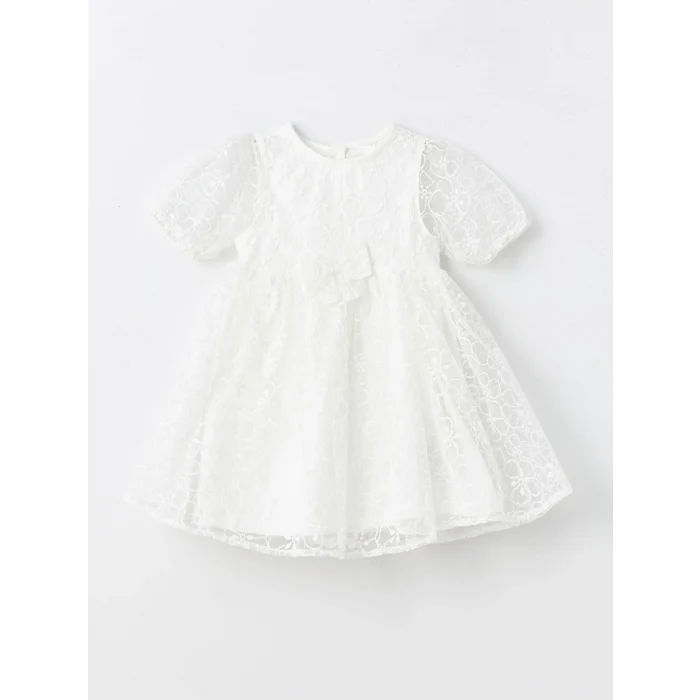 LCW Kids Ekru Bisiklet Yaka Kısa Kollu Dantel Kız Bebek Elbise