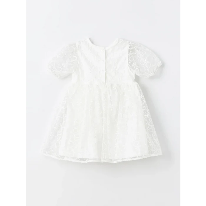 LCW Kids Ekru Bisiklet Yaka Kısa Kollu Dantel Kız Bebek Elbise