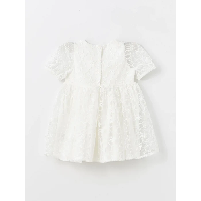 LCW Kids Ekru Bisiklet Yaka Kısa Kollu Dantel Kız Bebek Elbise