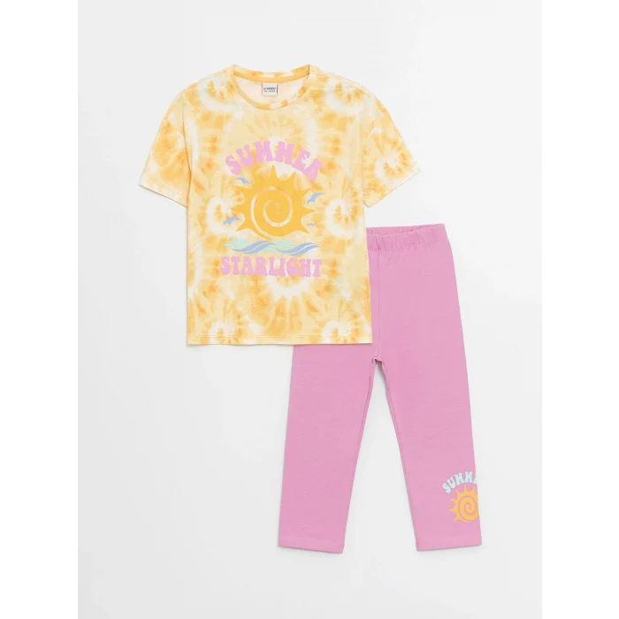 LCW Kids Turuncu Bisiklet Yaka Baskılı Kısa Kollu Kız Çocuk Tişört ve Tayt