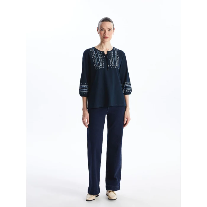 LCW Grace Lacivert Bağlamalı Yaka Desenli Kadın Bluz