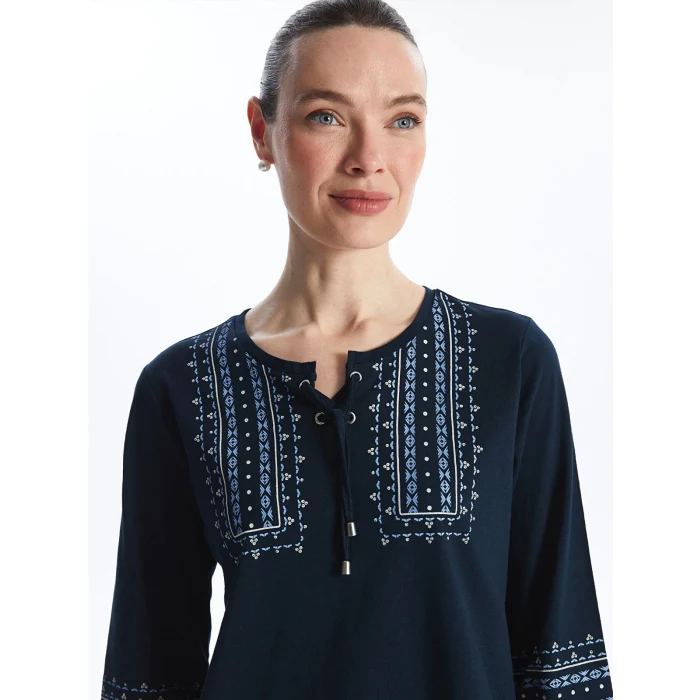 LCW Grace Lacivert Bağlamalı Yaka Desenli Kadın Bluz