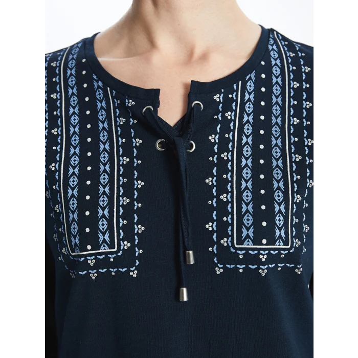 LCW Grace Lacivert Bağlamalı Yaka Desenli Kadın Bluz