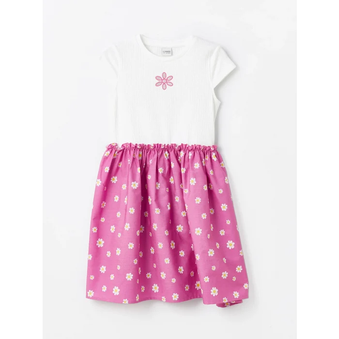 LCW Kids Ekru Bisiklet Yaka Çiçekli Kız Çocuk Elbise