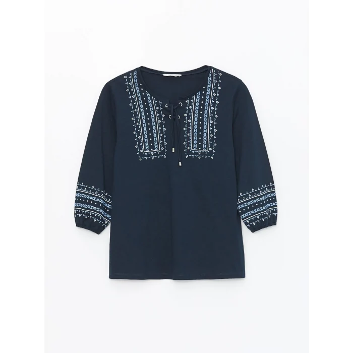 LCW Grace Lacivert Bağlamalı Yaka Desenli Kadın Bluz