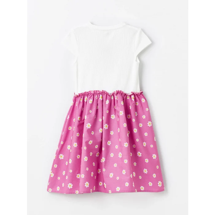 LCW Kids Ekru Bisiklet Yaka Çiçekli Kız Çocuk Elbise