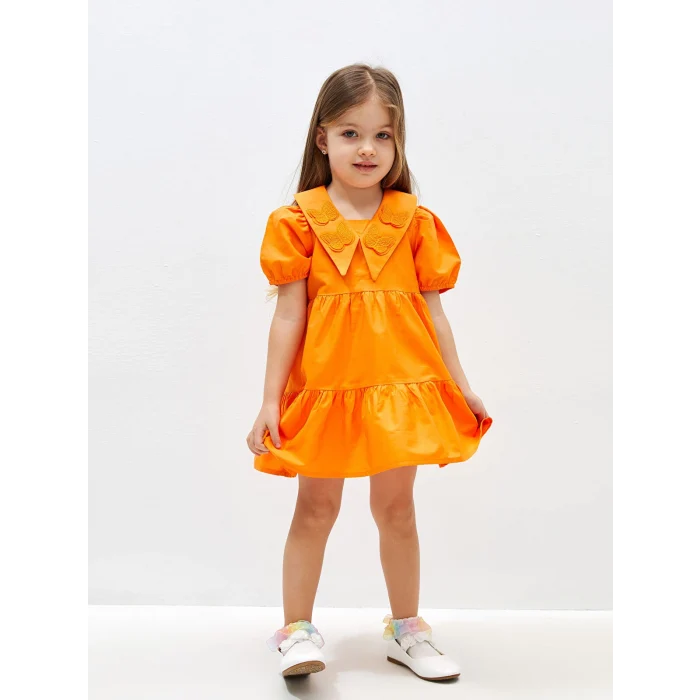 LCW Kids Turuncu V Yaka Kısa Kollu Kısa Kollu Kız Bebek Elbise