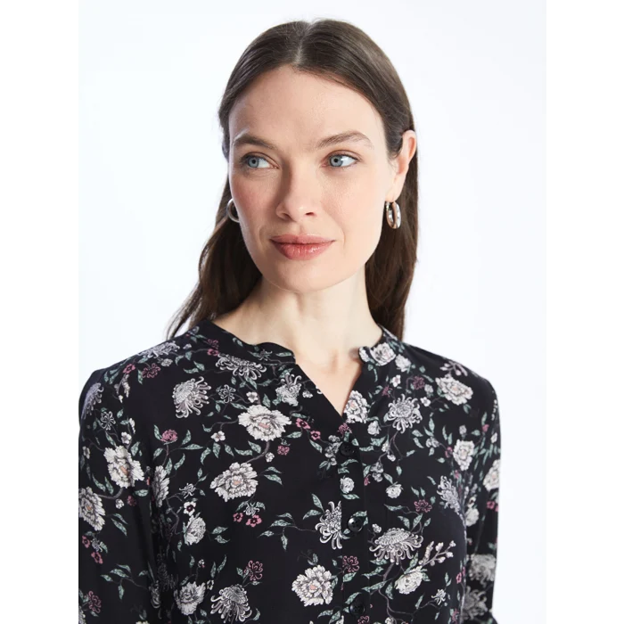 LCW Grace Siyah Kaçık Yaka Desenli Uzun Kollu Kadın Bluz