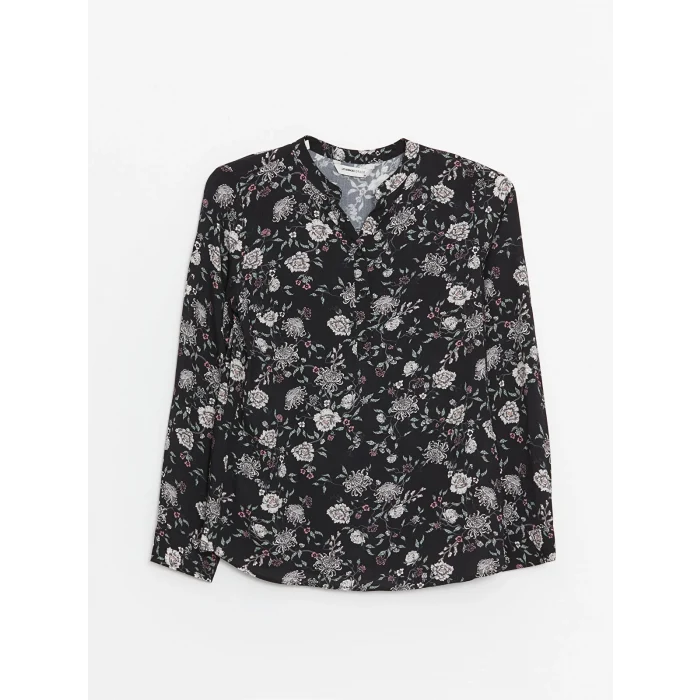 LCW Grace Siyah Kaçık Yaka Desenli Uzun Kollu Kadın Bluz