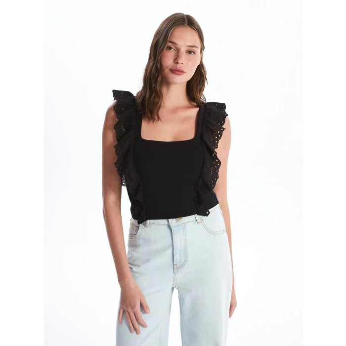 LCW Vision Siyah Kare Yaka Fırfır Detaylı Kadın Bluz