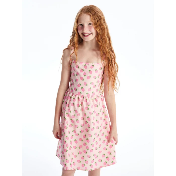 LCW Kids Pembe Kare Yaka Baskılı Kız Çocuk Elbise