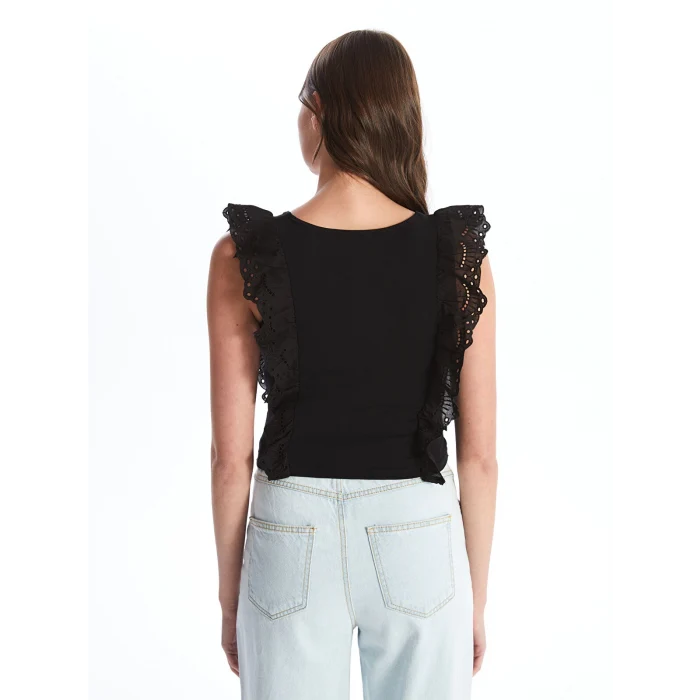 LCW Vision Siyah Kare Yaka Fırfır Detaylı Kadın Bluz