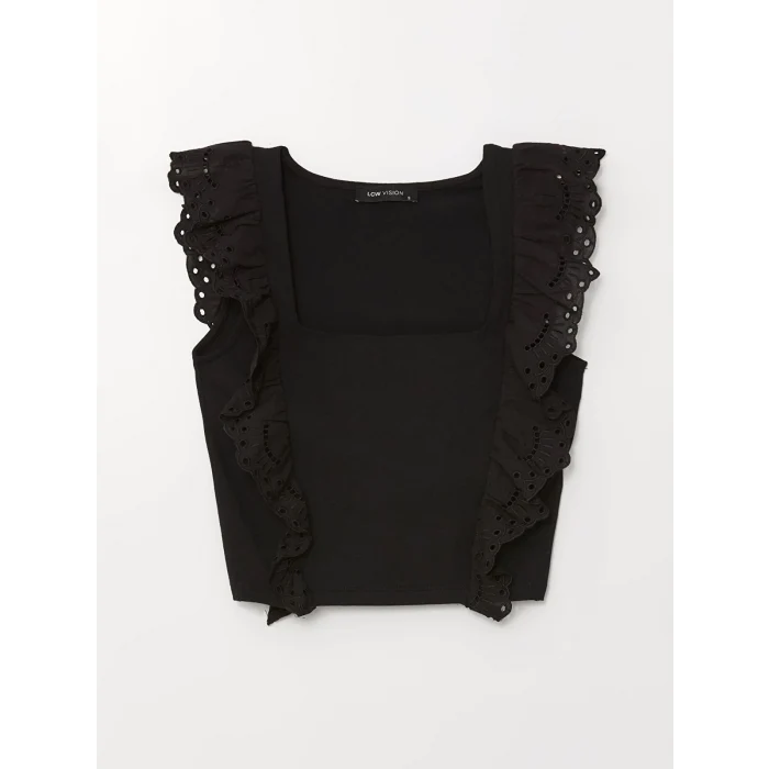 LCW Vision Siyah Kare Yaka Fırfır Detaylı Kadın Bluz