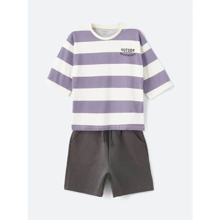 LCW Kids Bej Bisiklet Yaka Baskılı Erkek Bebek Tişört ve Şort 2li Takım