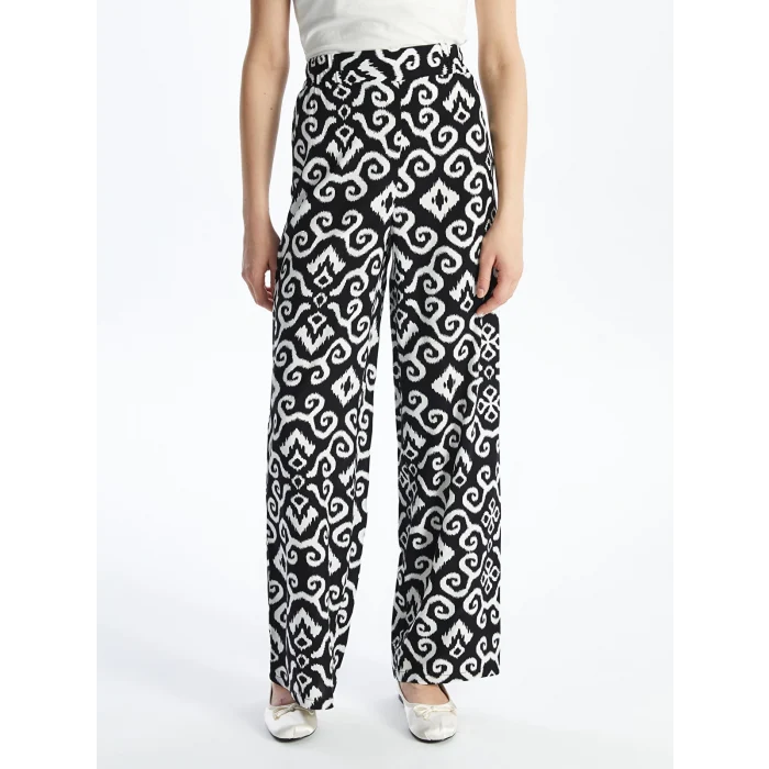 LCWAIKIKI Classic Siyah Beli Lastikli Desenli Geniş Paça Kadın Pantolon