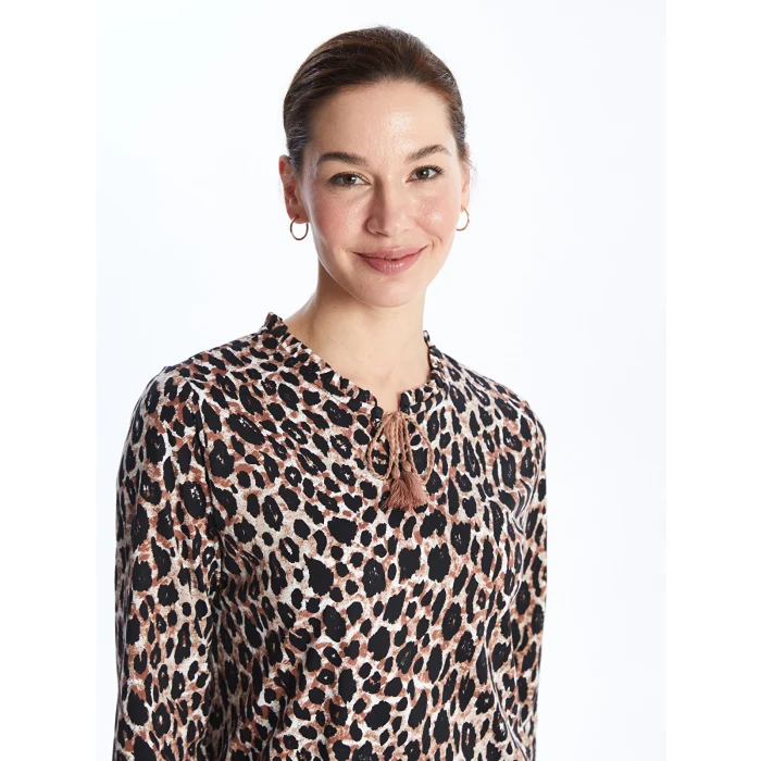 LCW Grace Ekru Bağlamalı Yaka Desenli Uzun Kollu Kadın Bluz