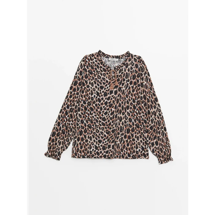 LCW Grace Ekru Bağlamalı Yaka Desenli Uzun Kollu Kadın Bluz