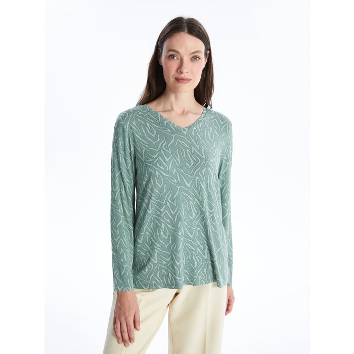 LCW Grace Turkuaz V Yaka Desenli Uzun Kollu Kadın Bluz