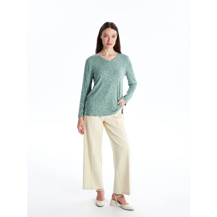 LCW Grace Turkuaz V Yaka Desenli Uzun Kollu Kadın Bluz