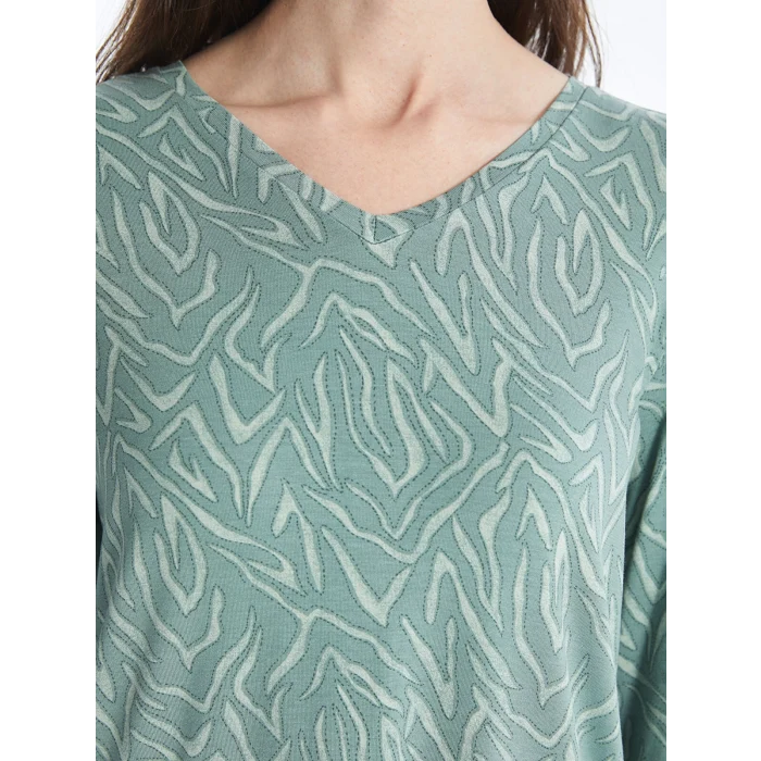 LCW Grace Turkuaz V Yaka Desenli Uzun Kollu Kadın Bluz