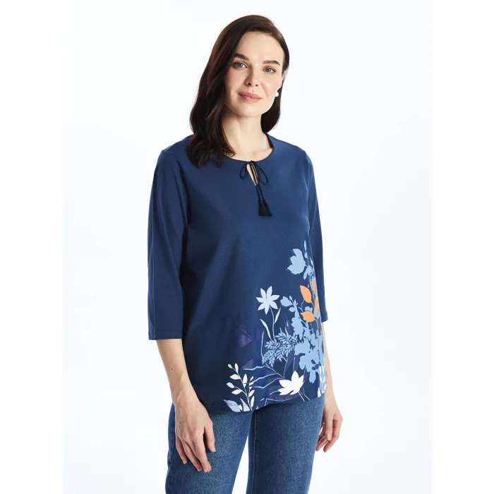 LCW Grace Indigo Bağlamalı Yaka Çiçekli Kadın Bluz