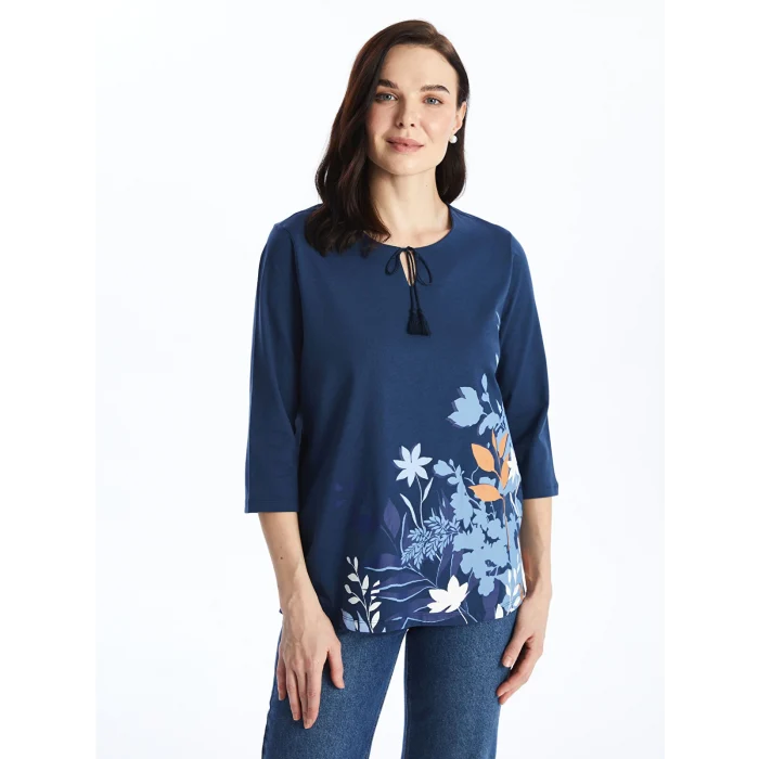 LCW Grace Indigo Bağlamalı Yaka Çiçekli Kadın Bluz