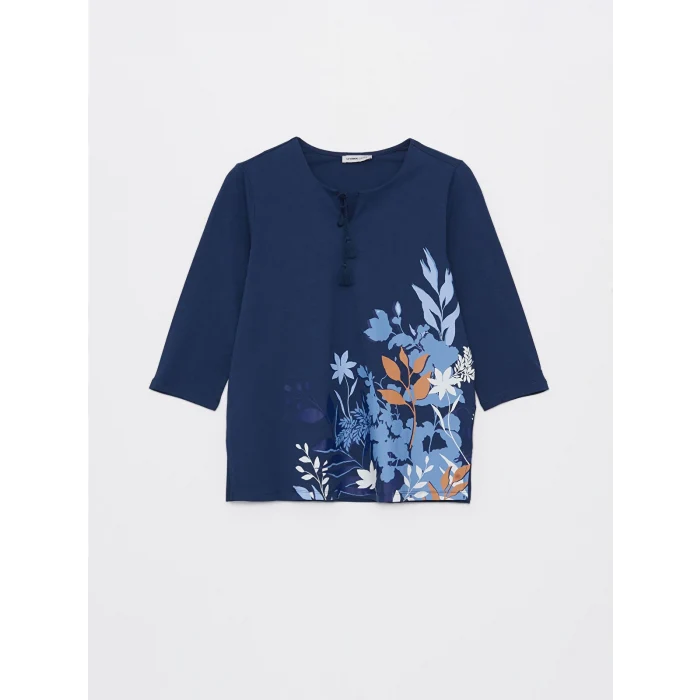 LCW Grace Indigo Bağlamalı Yaka Çiçekli Kadın Bluz