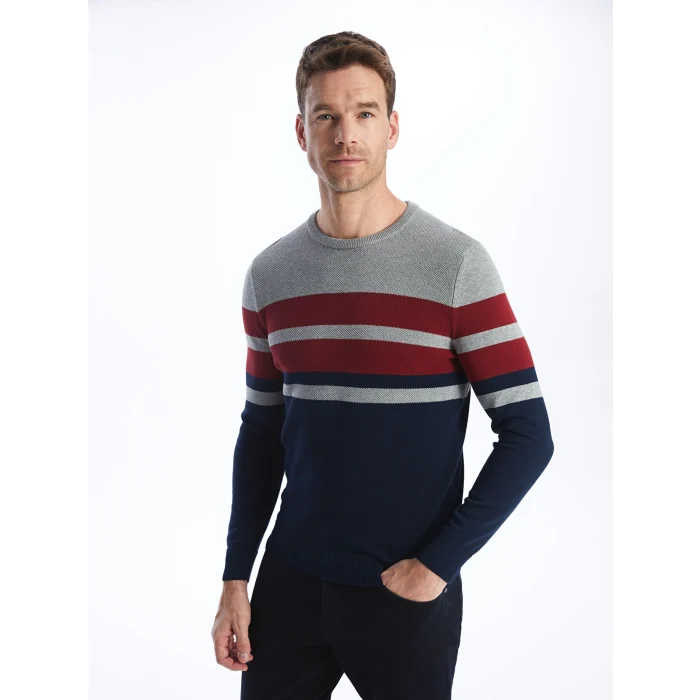 LCWAIKIKI Classic Bordo Bisiklet Yaka Uzun Kollu Çizgili Erkek Triko Kazak