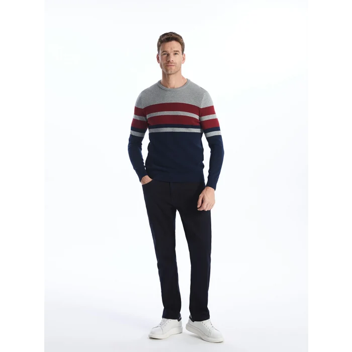 LCWAIKIKI Classic Bordo Bisiklet Yaka Uzun Kollu Çizgili Erkek Triko Kazak