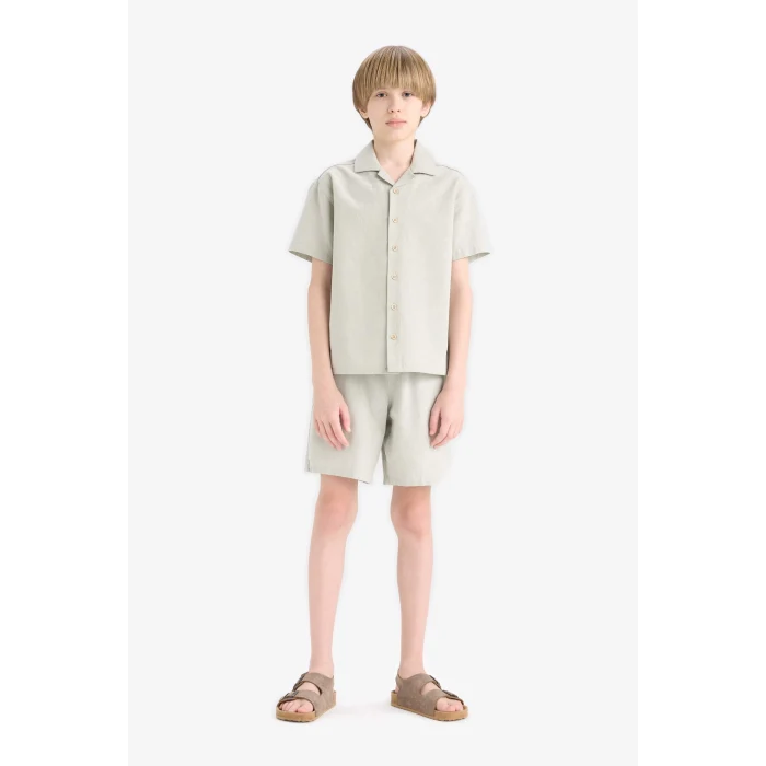 Defacto E3314 Yeşil Erkek Çocuk Oversize Geniş Kalıp Polo Yaka Müslin Kısa Kollu Gömlek