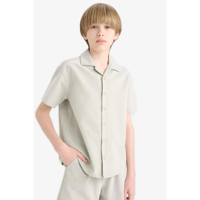 Defacto E3314 Yeşil Erkek Çocuk Oversize Geniş Kalıp Polo Yaka Müslin Kısa Kollu Gömlek